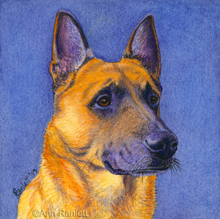 Eazy, mixed media portrait by Ann Ranlett. Click here to see an animated image of the steps I scanned as I worked on this portrait