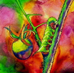 Green Scourge, mixed media painting of a tomato worm, by Ann Ranlett